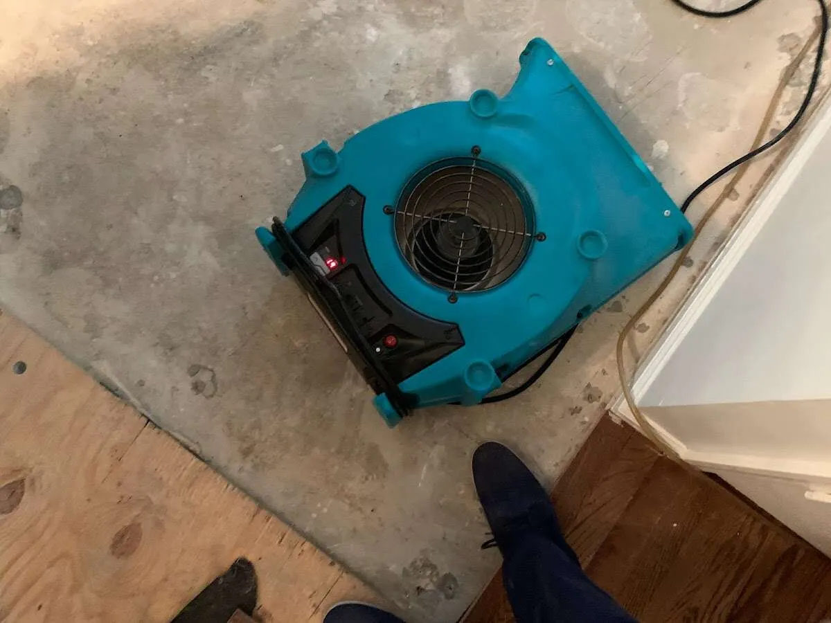 Air mover drying subfloor during Commercial Water Damage Restoration in Easley